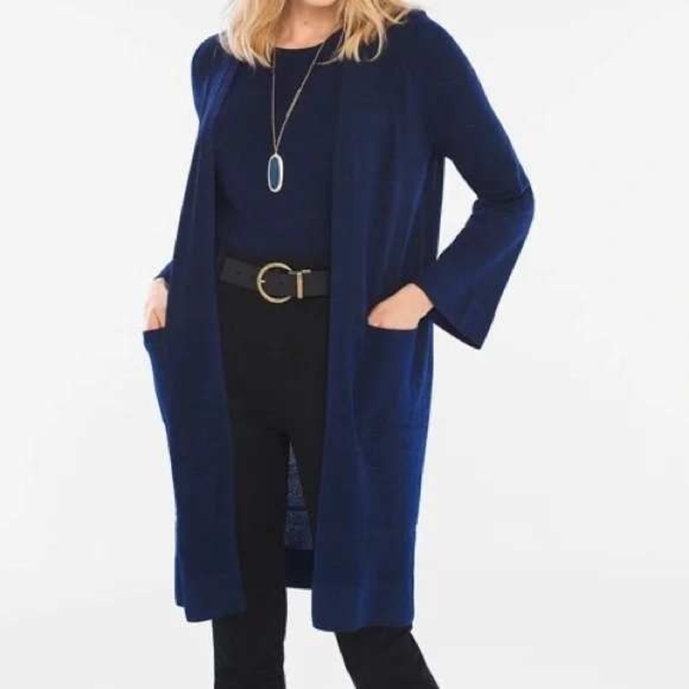 NWT CHICO'S Mix Stitch Cardigan Size 2 Women's Medium Blue Long Open Front